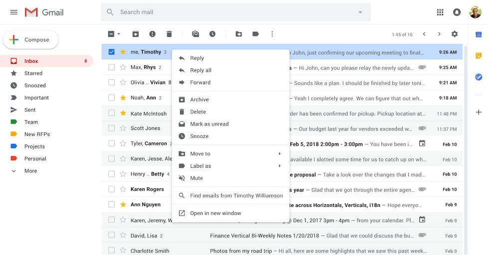 Gmail's right-click menu just got a ton of new options