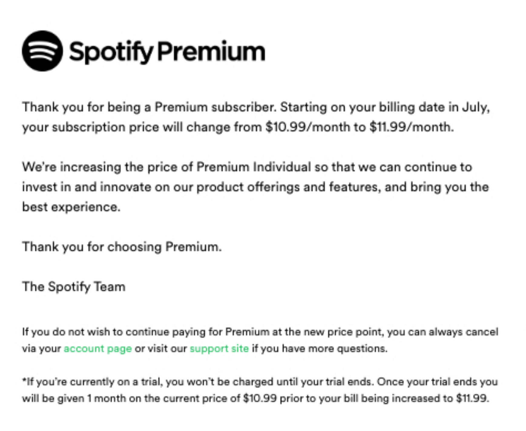 Spotify Premium Price Email